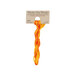 A skein of variegated bright orange and yellow embroidery floss, twisted and bundled, with a tan label featuring the brand name and color information.