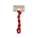 A skein of cranberry red embroidery floss, twisted and bundled, with a tan label featuring the brand name and color information.