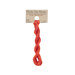 A skein of cinnabar red embroidery floss, twisted and bundled, with a tan label featuring the brand name and color information.