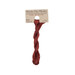 A skein of deep red embroidery floss, twisted and bundled, with a tan label featuring the brand name and color information.