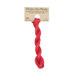 A skein of watermelon red embroidery floss, twisted and bundled, with a tan label featuring the brand name and color information.