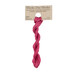 A skein of bright rose embroidery floss, twisted and bundled, with a tan label featuring the brand name and color information.