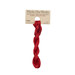 A skein of Cayenne red embroidery floss, twisted and bundled, with a tan label featuring the brand name and color information.
