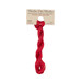 A skein of cherry red embroidery floss, twisted and bundled, with a tan label featuring the brand name and color information.