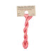 A skein of coral and bright pink embroidery floss, twisted and bundled, with a tan label featuring the brand name and color information.