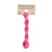 A skein of bright pink embroidery floss, twisted and bundled, with a tan label featuring the brand name and color information.