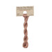 A skein of rosy taupe embroidery floss, twisted and bundled, with a tan label featuring the brand name and color information.