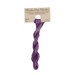 A skein of light and dark plum embroidery floss, twisted and bundled, with a tan label featuring the brand name and color information.