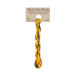 A skein of Variegated Yellow, Orange, and Brown embroidery floss, twisted and bundled, with a tan label featuring the brand name and color information.
