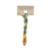 A skein of red, yellow, and blue embroidery floss, twisted and bundled, with a tan label featuring the brand name and color information.