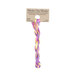 A skein of Variegated Bright Pink, Yellow, and Purple embroidery floss, twisted and bundled, with a tan label featuring the brand name and color information.