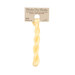 A skein of butter yellow embroidery floss, twisted and bundled, with a tan label featuring the brand name and color information.