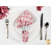 A shot of one of the napkins with the plaid faced out, staged on a white plate with a brushed nickel napkin ring.