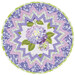 A round table topper with a bursting star design in periwinkle and lilac fabrics with blooming purple hydrangeas at the center isolated on a white background.