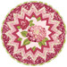 A round table topper with a bursting star design in light pink and fuchsia fabrics with blooming pink hydrangeas at the center isolated on a white background.