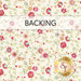 Swatch of cream fabric with vining pink, yellow, and blue florals with a banner that says "backing" across the top and a gold Shabby Fabrics logo in the bottom right corner.