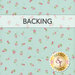 A swatch of light blue fabric with tiny pink roses. A banner reads "Backing" and a golden Shabby Fabrics logo sits in the bottom right corner.