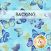 A pattern of various blue and metallic butterflies on an aqua background with a translucent banner across the top with the word "Backing" and a gold Shabby Fabrics logo in the bottom right corner.
