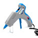 A gray and blue hot glue gun with a power cord and a metal stand.