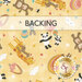 Thatched and textured yellow fabric with tossed animals in rainbow colors. A transparent banner at the top reads "Backing."