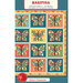 Front of the Mariposa pattern showing a digital image of the completed quilt in summery gold, navy, and orange tones featuring patchwork butterflies, and the title across the top