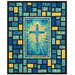 The completed Stained Glass Panel Quilt, colored in blue, teal, yellow, and green fabrics from the Risen collection by Northcott Fabrics, isolated on a white background. 