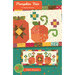 Front of the Pumpkin Trio pattern showing an up close digital image of the completed quilt, as well as the full quilt featuring pumpkins and vines in autumn orange, green, and cream tones, all on a teal green background. An orange banner with the title of the pattern goes across the top of the image. 