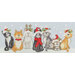Seven festive cats in winter attire, including hats and scarves, against a snowy background.