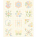A cream colored panel with 12 blocks featuring patchwork inspired designs in pastel fabric patterns from the collection