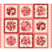 A fabric panel in shades of pink and red with nine tiles, each featuring a bouquet of pink flowers atop a doily