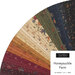 Fanned collage of fabric strips from the honeysuckle farm collection in shades of black, red, orange, sand, green, and blue