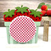 The fully assembled and painted Strawberry Basket Cross Stitch Display, with a piece of red and white gingham fabric on the display area, staged on a white tabletop with rustic farmhouse décor.