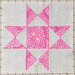 A quilt square featuring a star design in pink and gray fabrics against a grid background.
