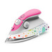 A compact steam iron with a pink handle and a colorful, patterned base featuring stars and shapes.