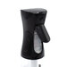 Black spray bottle nozzle with a clear bottom part, designed for dispensing liquid.