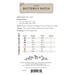 Label for a butterfly patch cross-stitch pattern, detailing stitch count, thread colors, and finishing.