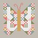 A symmetrical, patterned butterfly design in pastel colors on a textured beige background.