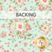 Aqua fabric with large cream and pink florals. A banner at the top reads "Backing" and a golden Shabby Fabrics logo sits in the lower right corner.