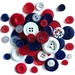 A pile of red, white, and blue patriotic themed buttons in a variety of sizes.