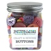 A glass jar filled with assorted buttons in summery colors, labeled Buttons Galore.