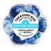 A clear container shaped like a flower holds various blue craft buttons labeled Sapphire Quartz.