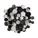 A scattered collection of various black, white, and gray buttons in different sizes and styles.