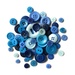 A pile of blue buttons in a variety of sizes.