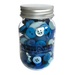 A plastic jar filled with assorted buttons in blue, labeled Buttons Galore.