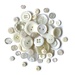 A pile of white buttons in a variety of sizes.