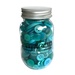A plastic jar filled with assorted buttons in teal blue, labeled Buttons Galore.