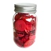 A plastic jar filled with assorted buttons in red, labeled Buttons Galore.