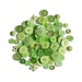 A scattered collection of various green buttons in different sizes and styles.