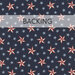 A swatch of navy blue fabric with light blue stars scattered with white and red nautical stars. A banner reads "Backing". 