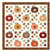Digital mockup of the Cozy Autumn quilt featuring patchwork pumpkins, falling leaves, and hearts, isolated on a white background.